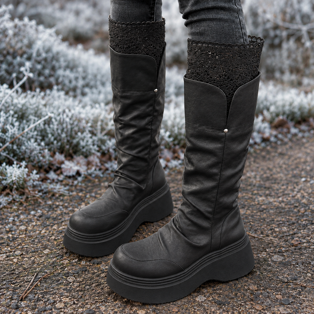 Lecce-Garda Lace Trim Boots - Black