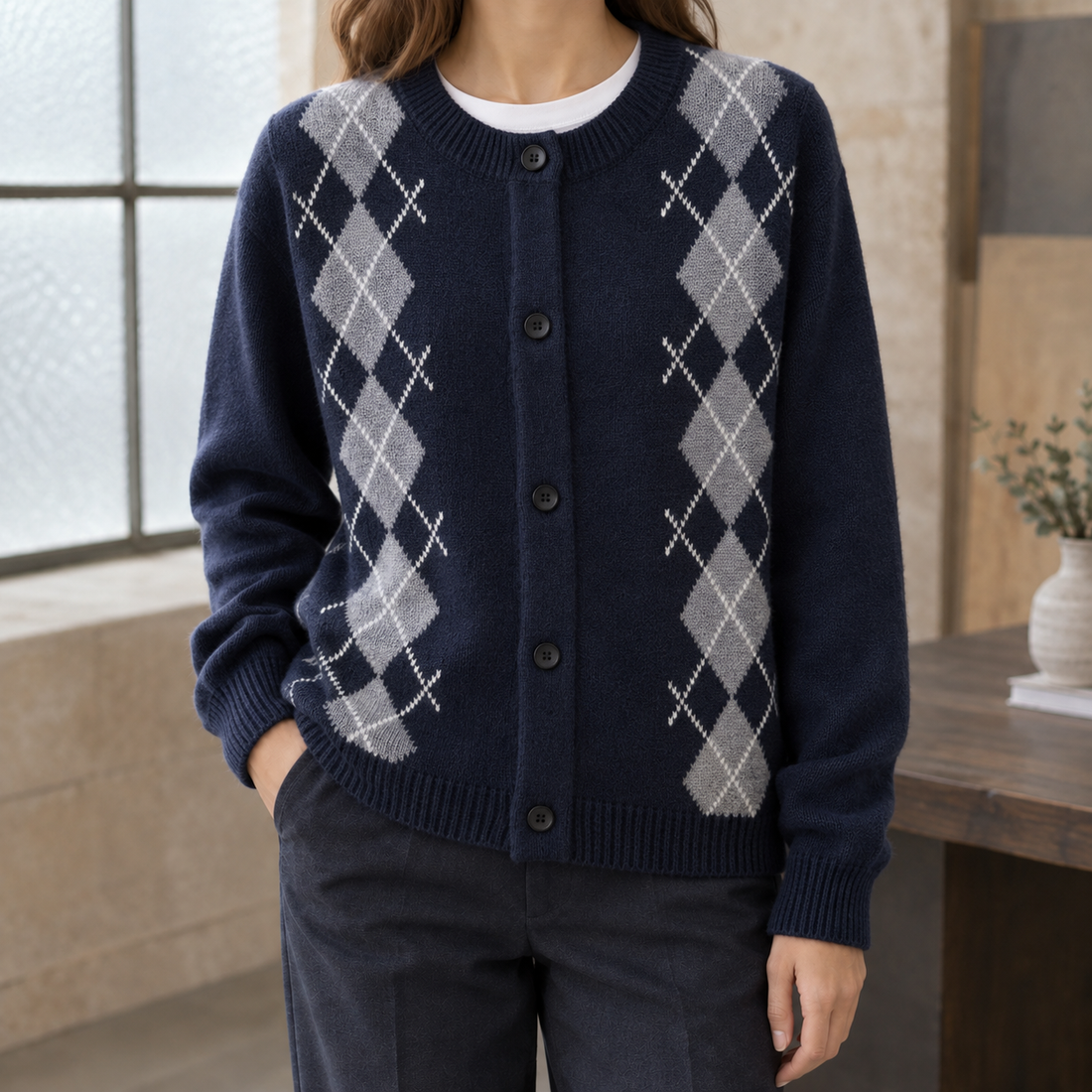 Hesper-Hope Argyle Cardigan - Navy Blue