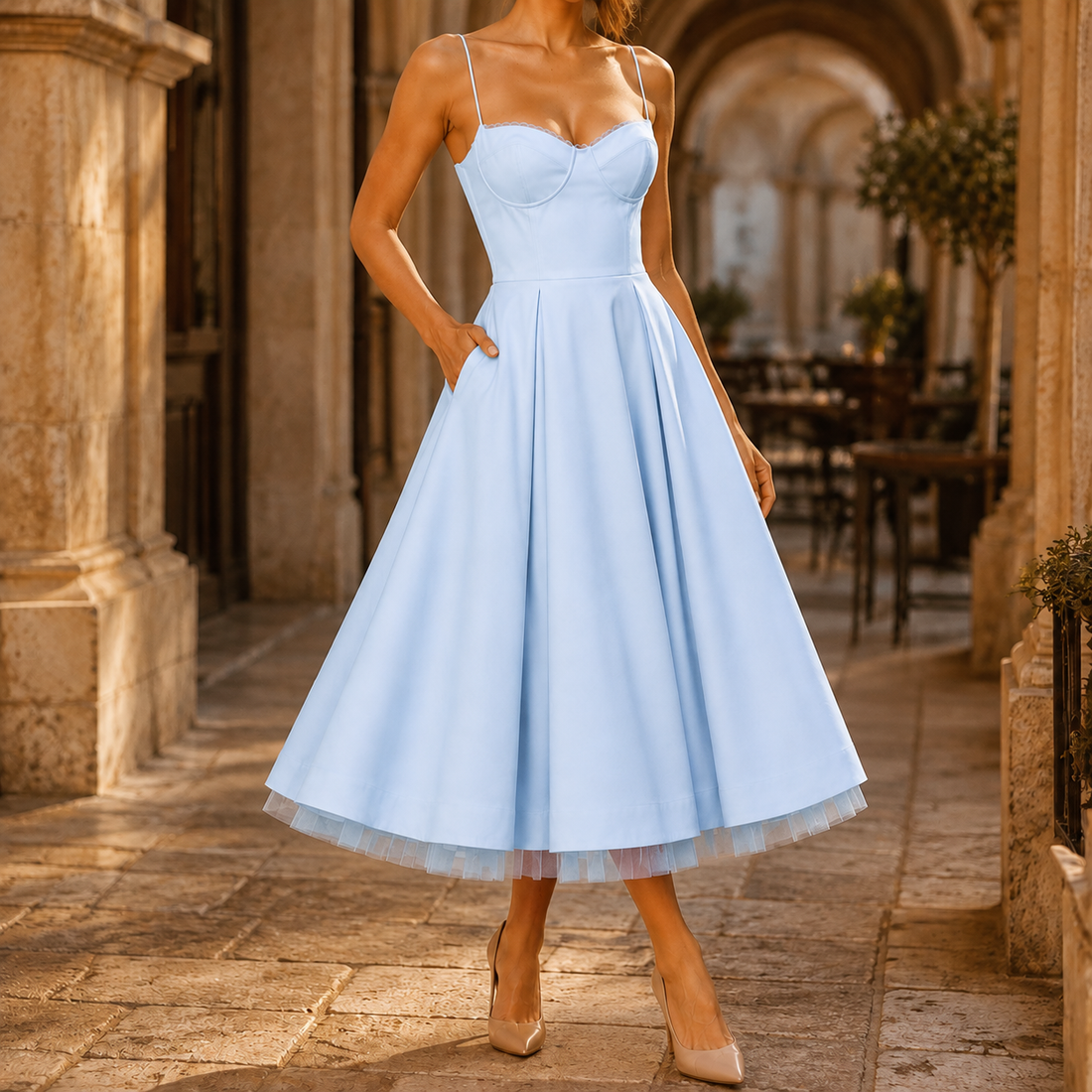 Tamsin-Skye Corset Midi Dress - Light Blue