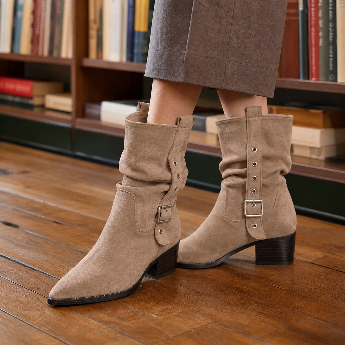 Cabrini Suede Western Boots - Taupe
