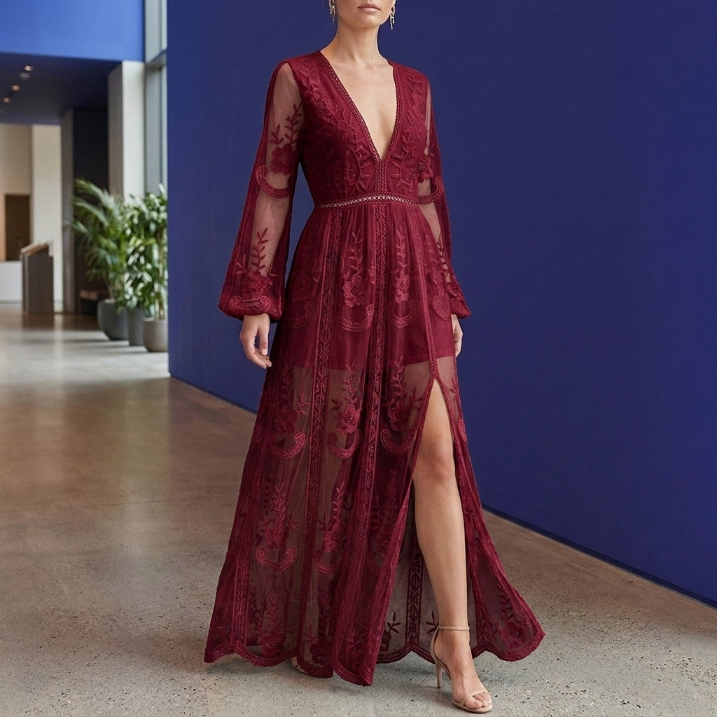 Willa Lace Maxi Dress - Wine Red