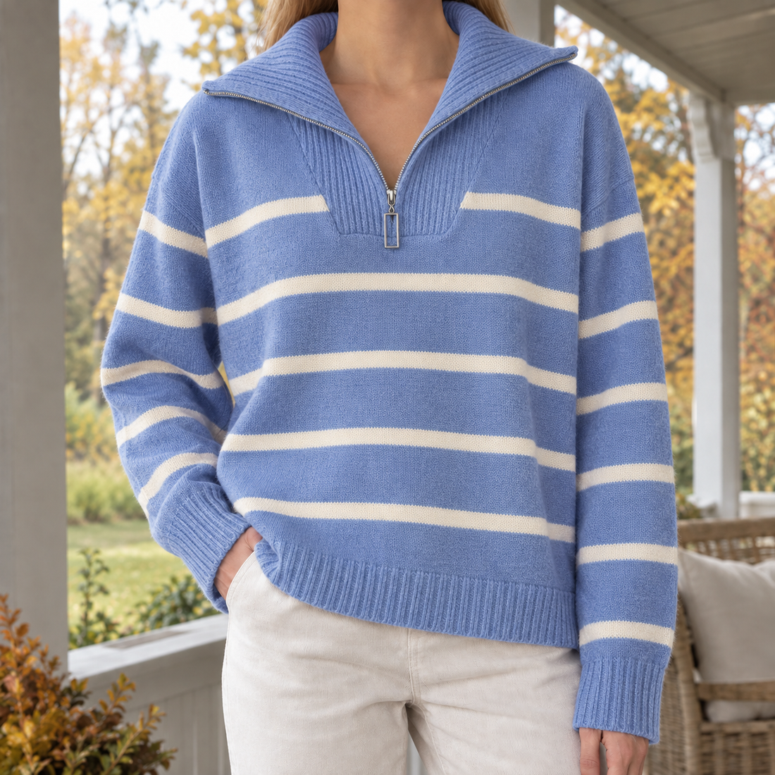 Perla-June Quarter Zip Sweater - Light Blue Striped