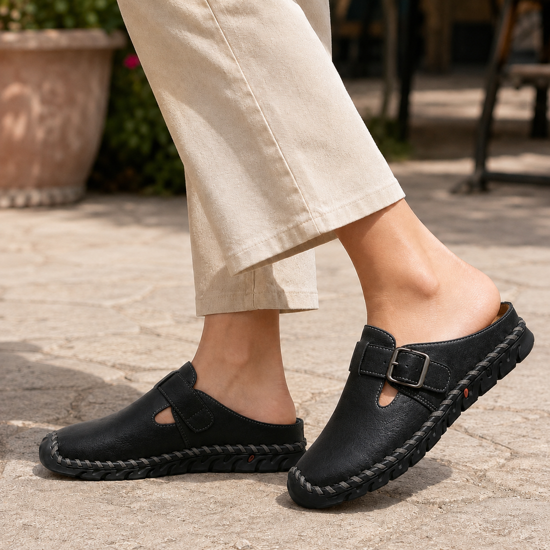 Terenzi Buckle Mules - Black