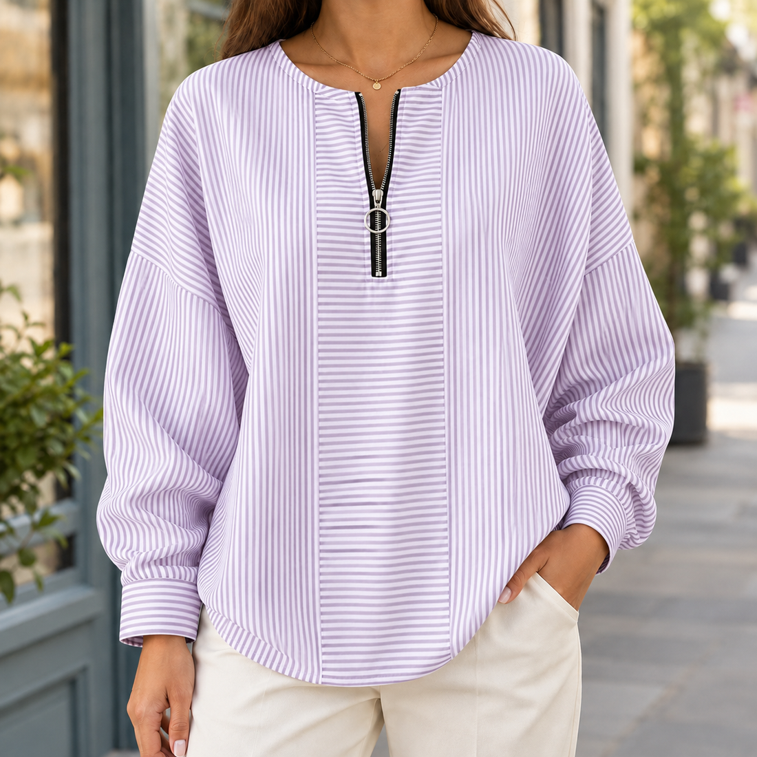 Fenella-Sage Zip Neck Top - Purple