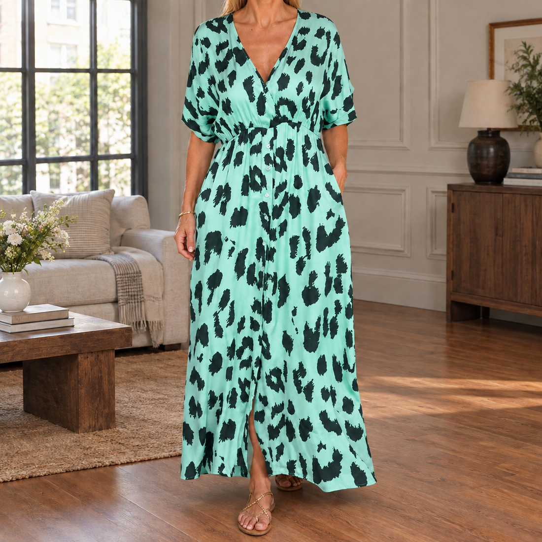 Bettina Leopard Maxi Dress - Lake Blue
