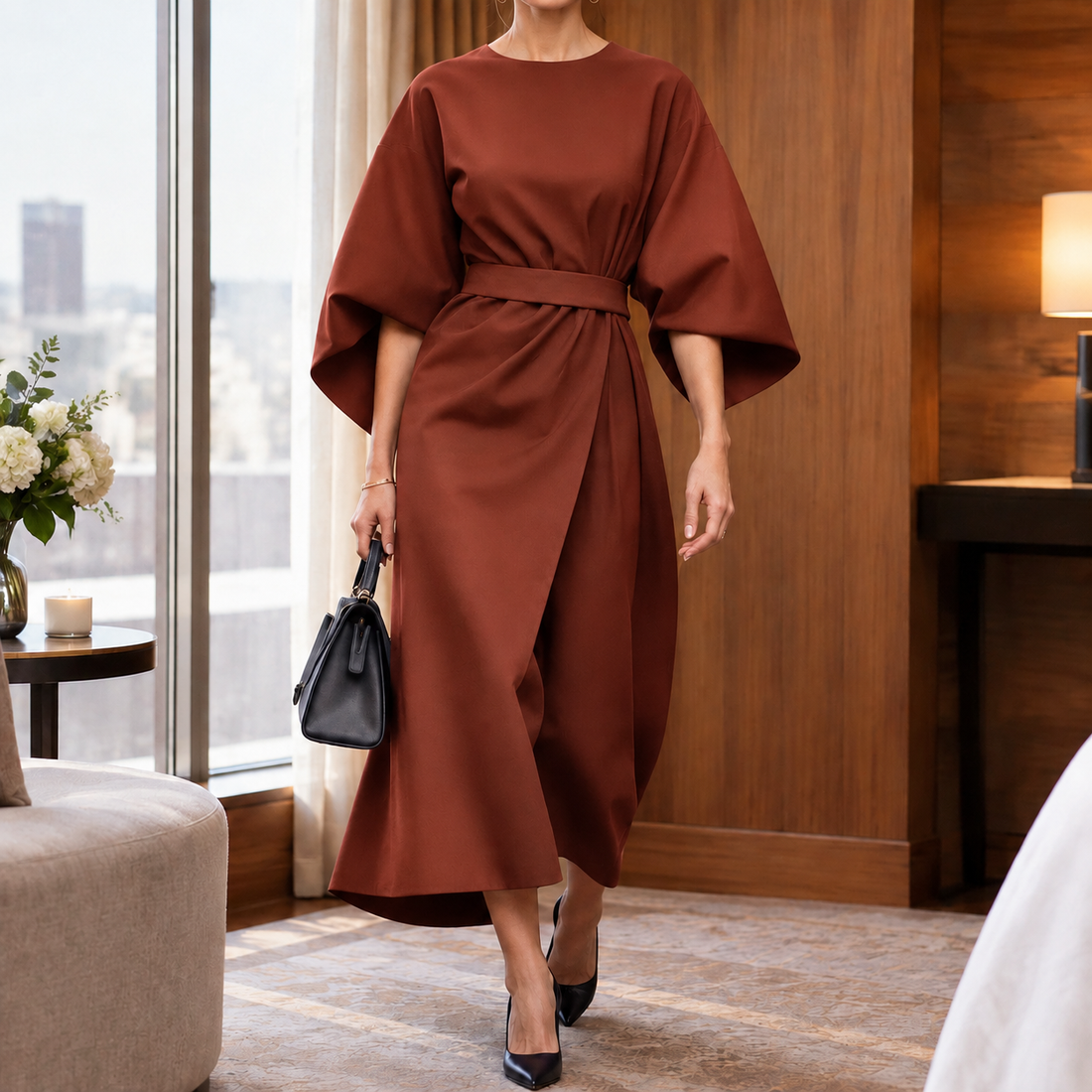 Elodie-Elise Kimono Sleeve Dress - Brown