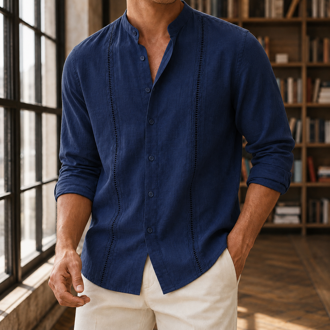 Adrian Band Collar Shirt - Navy