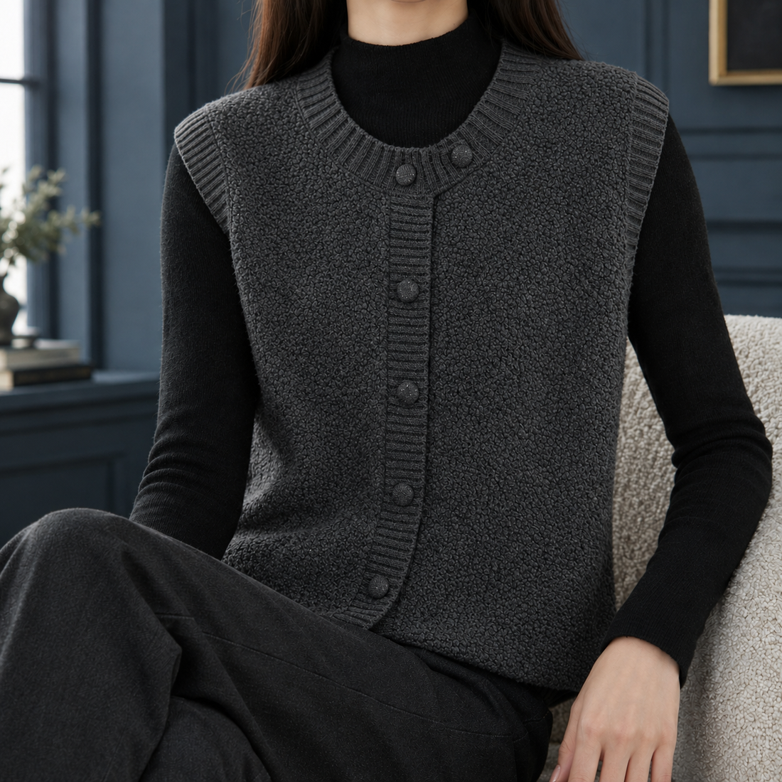 Elettra-Sage Textured Knit Vest - Gray