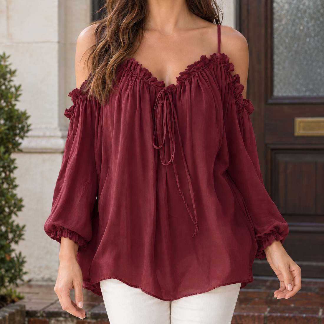 Georgina-Hope Ruffle Blouse - Wine Red
