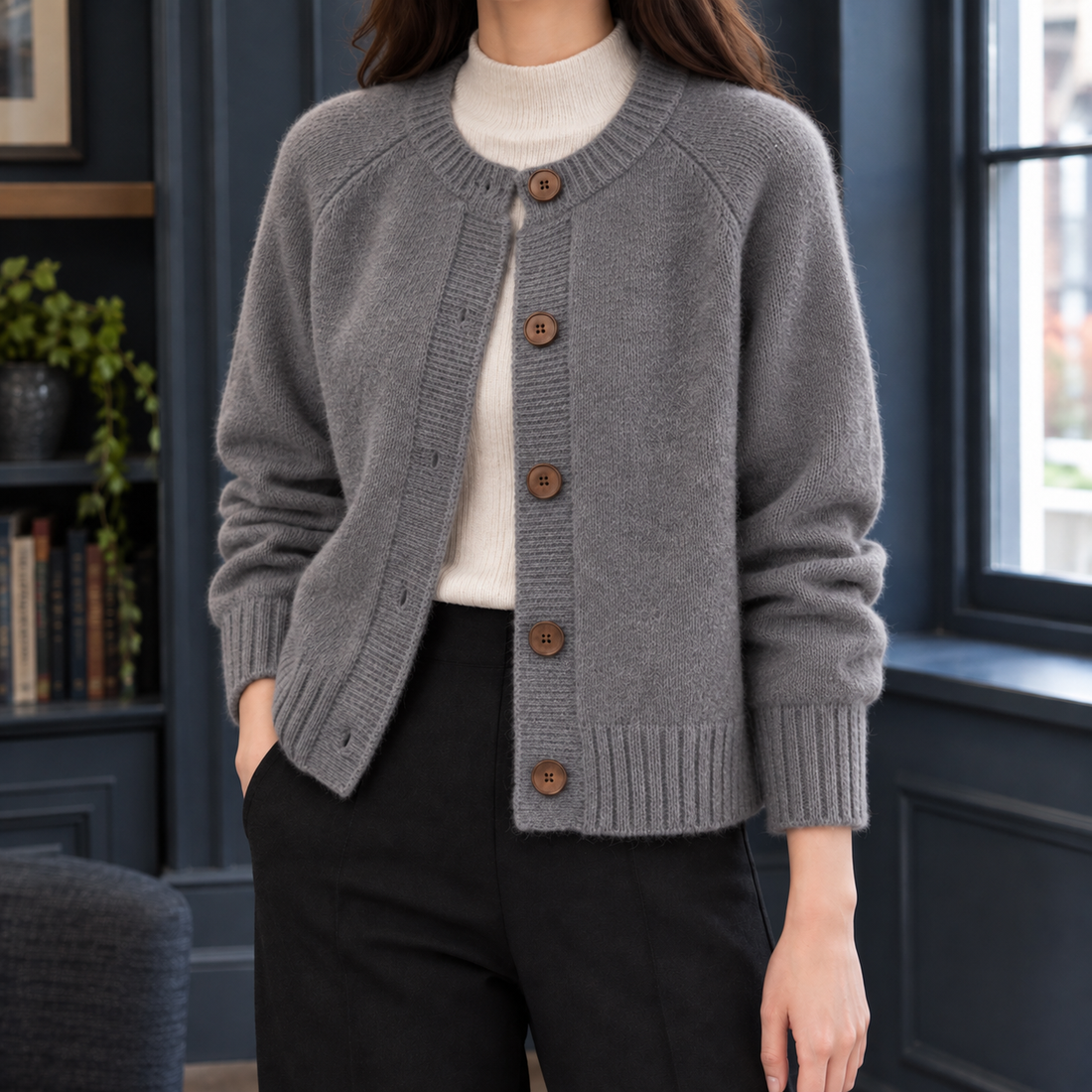 Annabeth-Grace Round Neck Cardigan - Gray