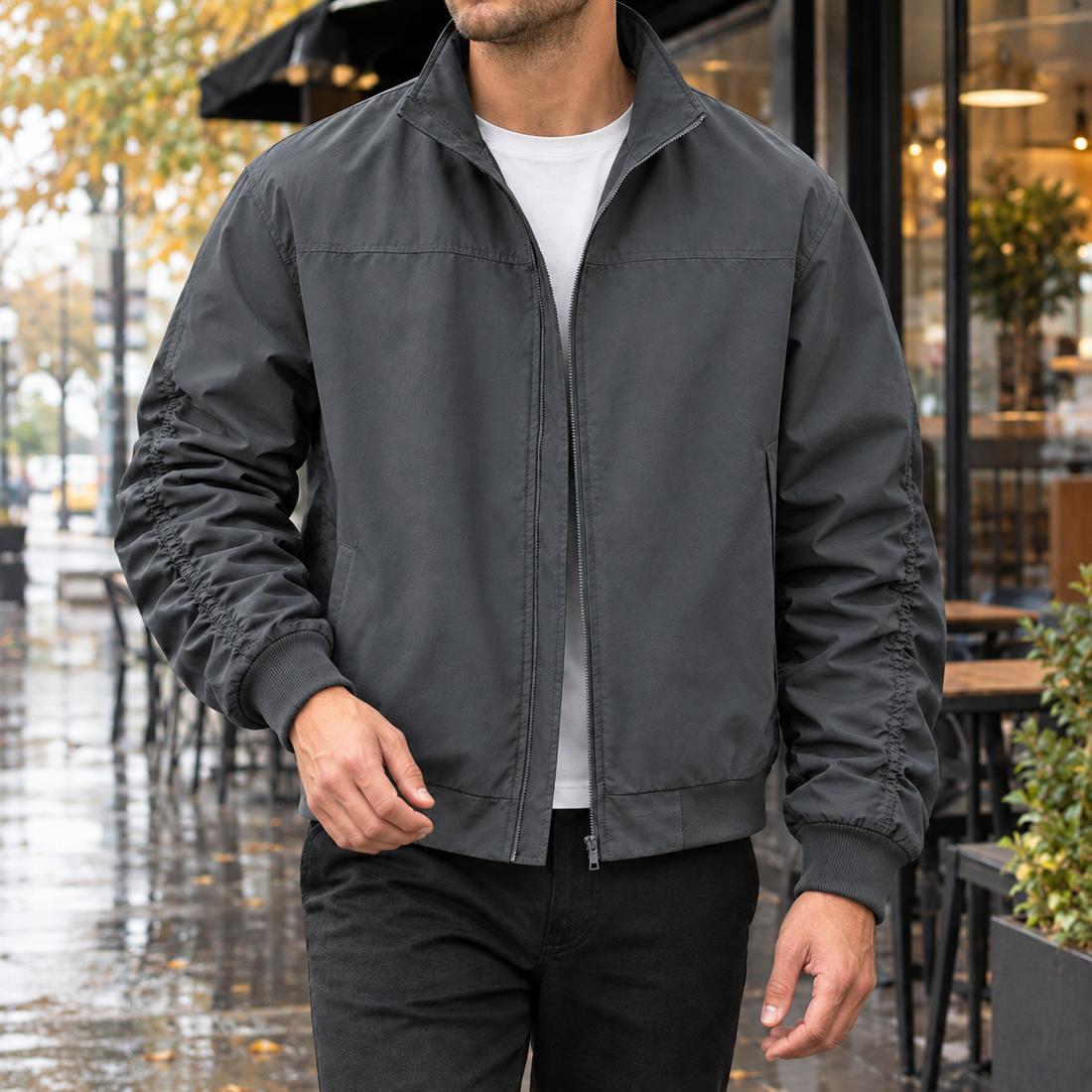 Egon-Lane Ruched Sleeve Jacket - Dark Gray
