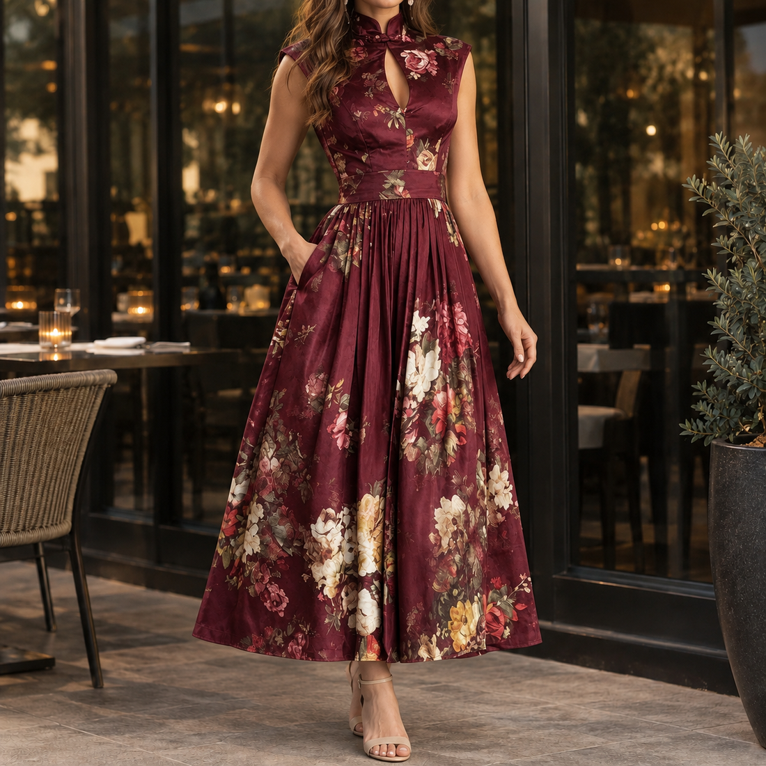 Lauren Floral A-Line Dress - Burgundy