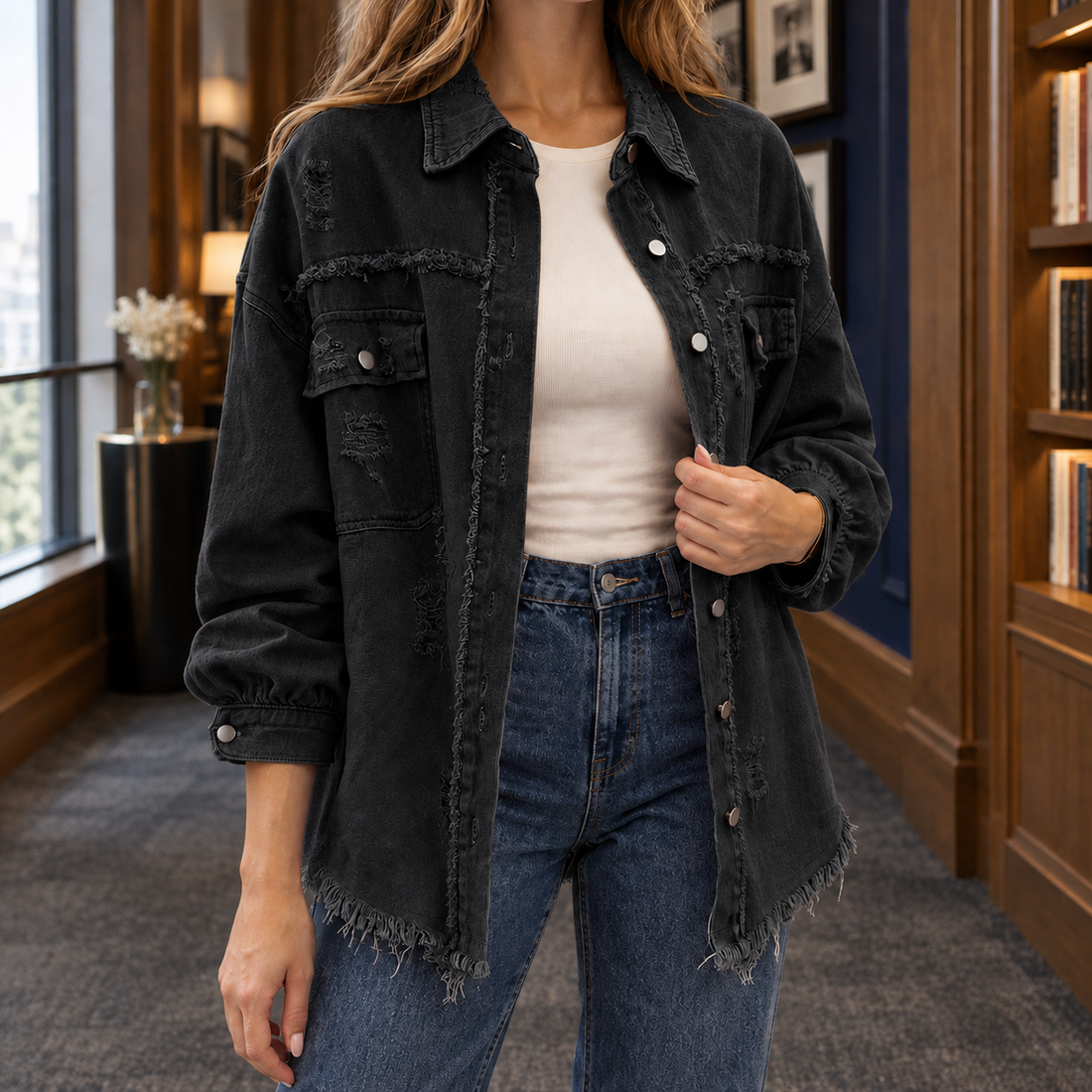 Marguerite-Kate Distressed Overshirt - Black