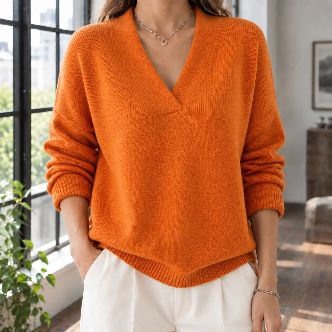 Thalia-June V Neck Sweater - Orange
