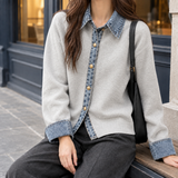 Azalea-Elise Denim Trim Cardigan - Light Gray