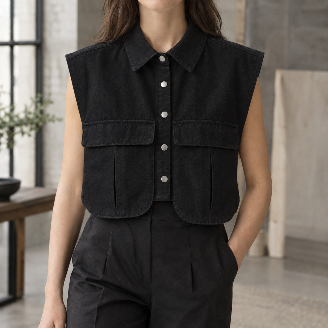 Willa-Skye Utility Denim Top - Black
