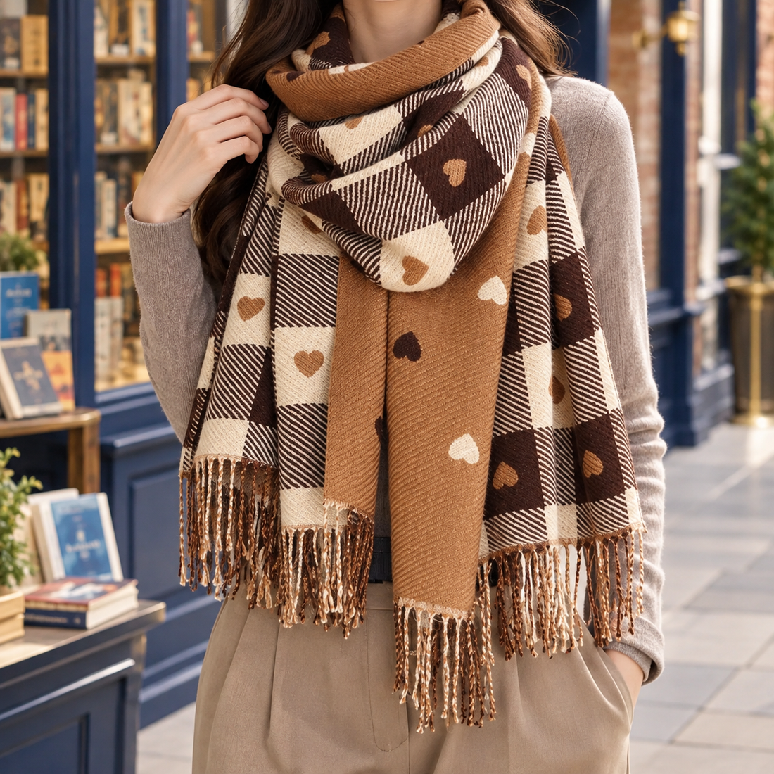 Denholm Heart Plaid Scarf - Khaki