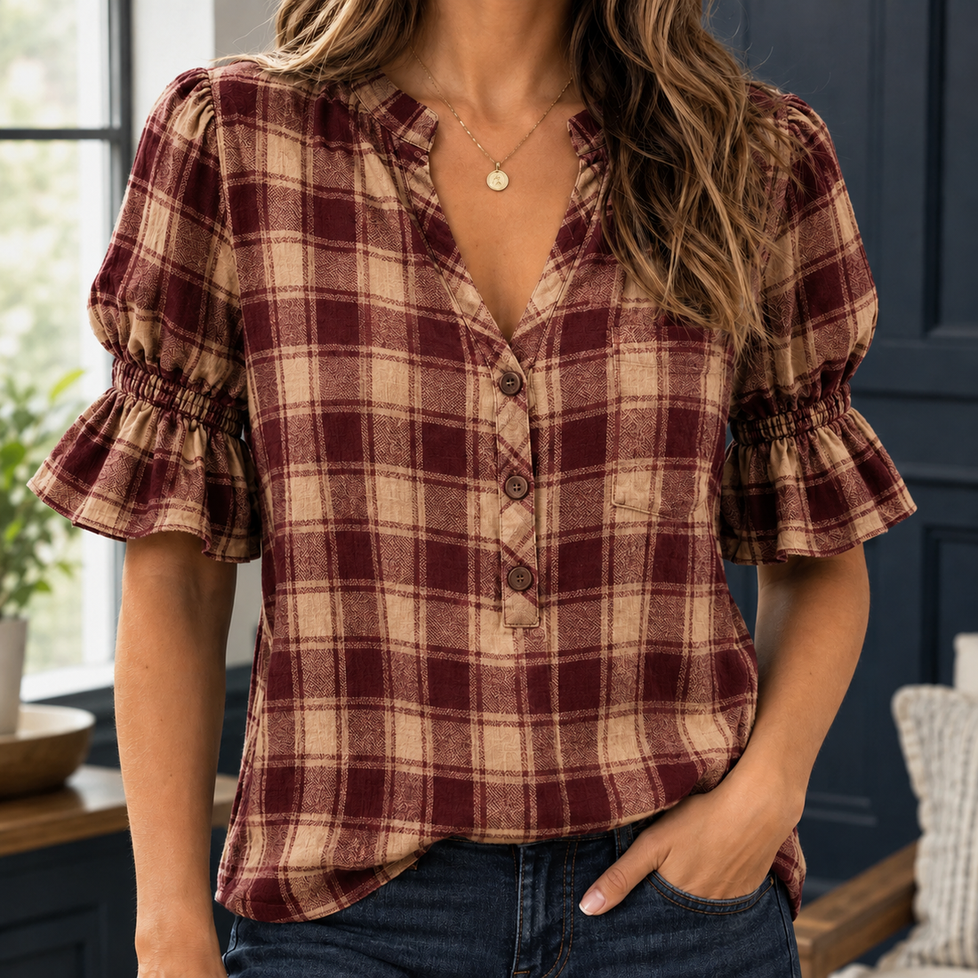 Arabelle-Rose Plaid Blouse - Burgundy Plaid