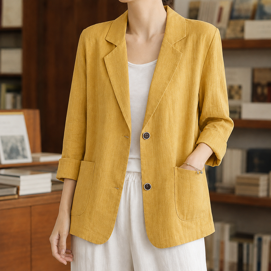 Giselle-Louise Notch Lapel Blazer - Yellow