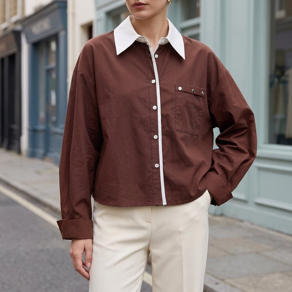 Vivienne Contrast Collar Top - Brown