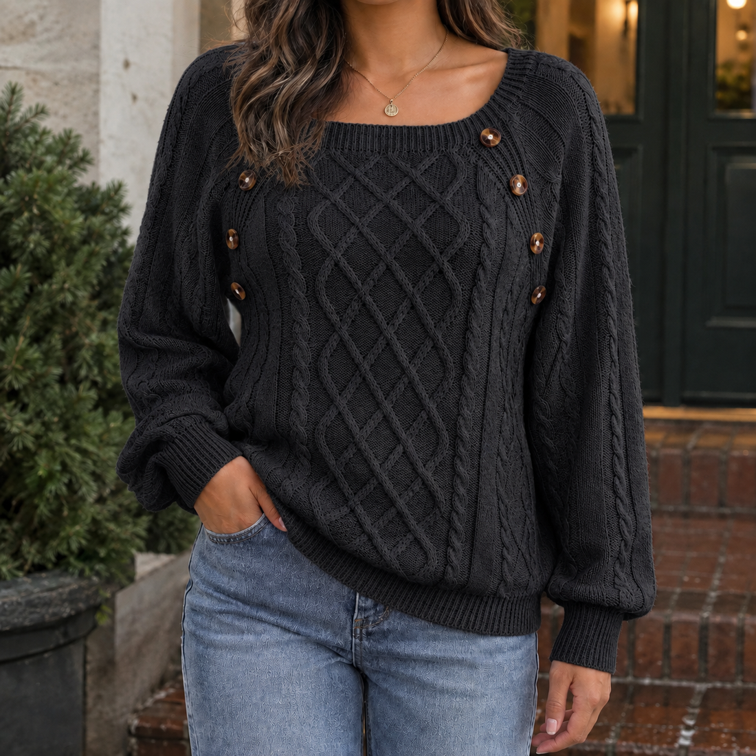 Fenna-Elise Cable Knit Sweater - Black