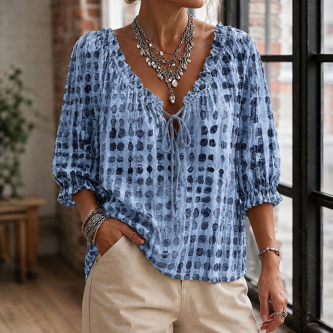 Noelle-Faye Tie Neck Blouse - Blue