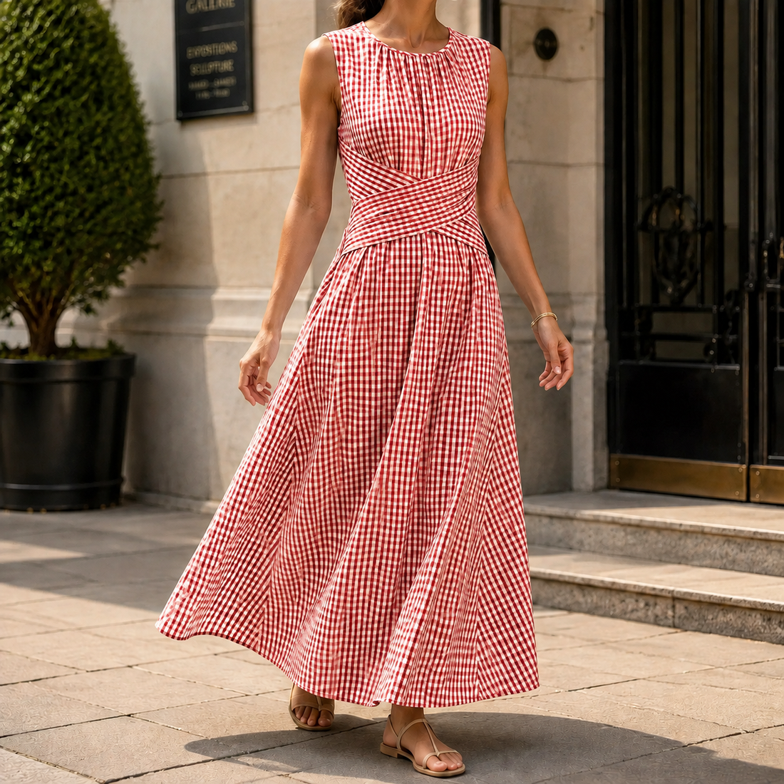 Katia-Belle Cross Waist Dress - Red And White Gingham