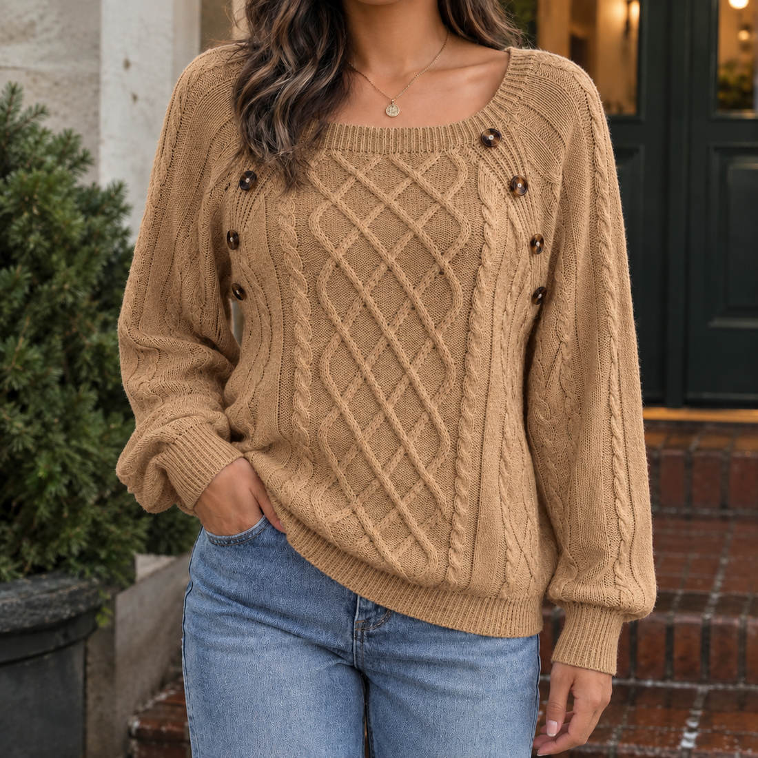 Fenna-Elise Cable Knit Sweater - Khaki