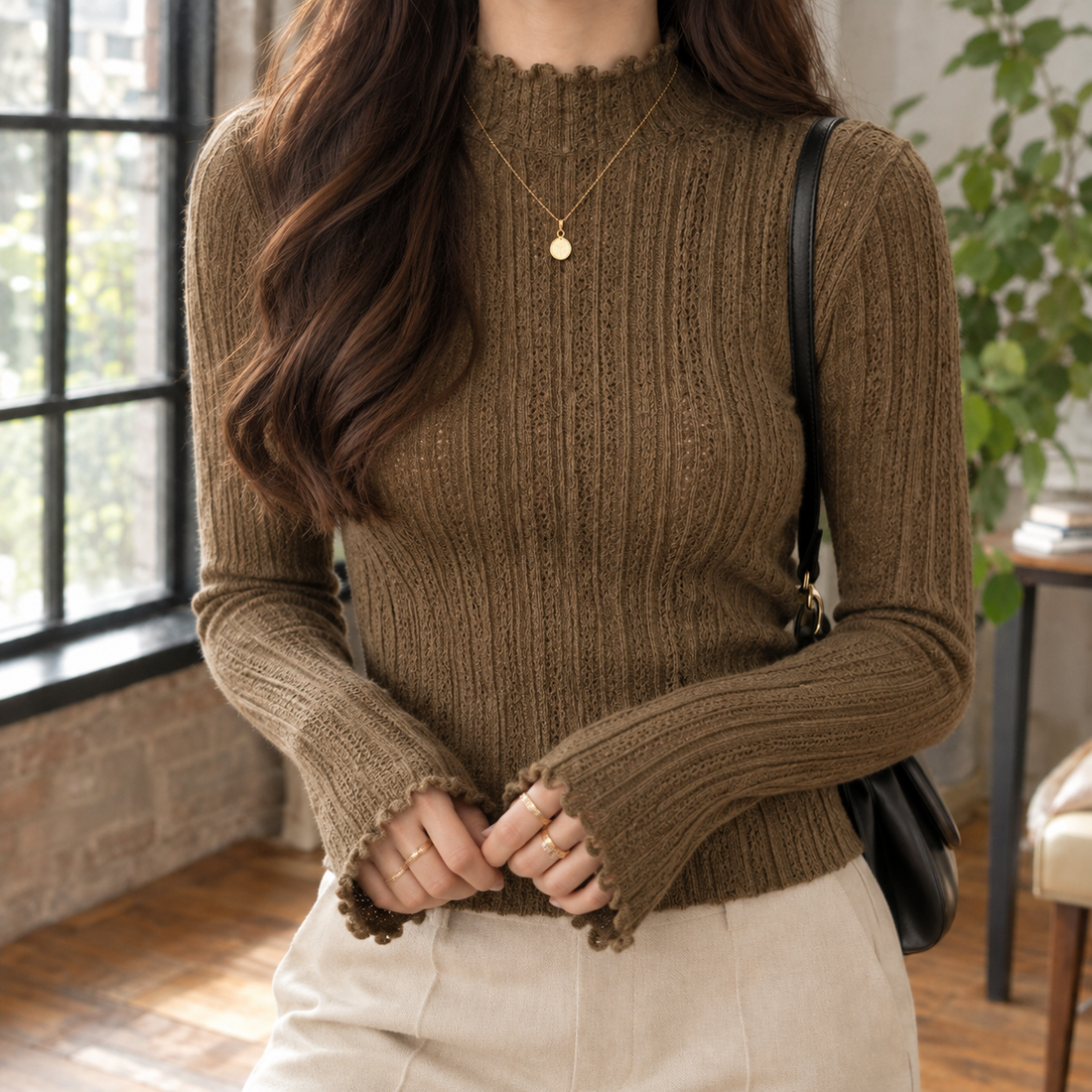 Brigitte-Rae Ruffle Neck Sweater - Brown