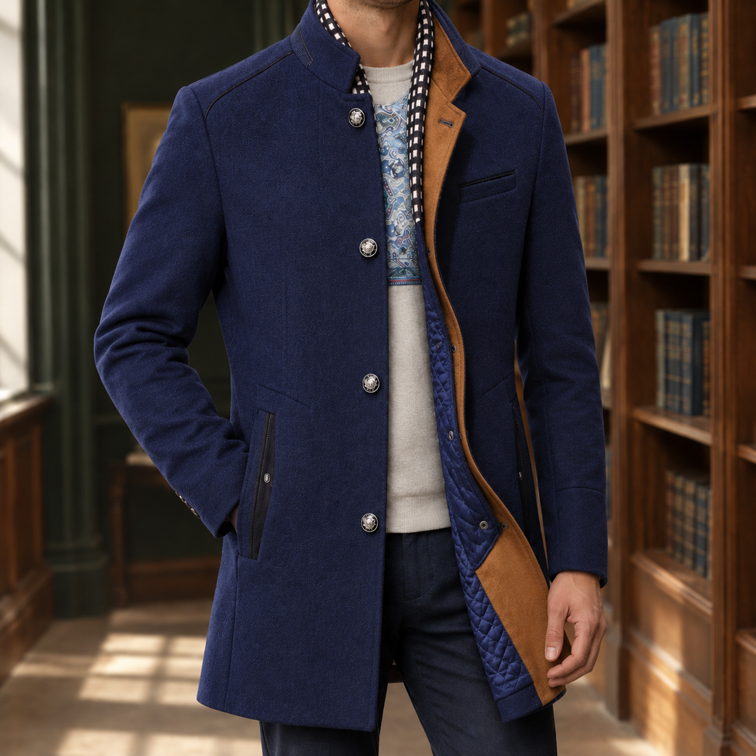 Harrison Stand Collar Coat - Navy Blue