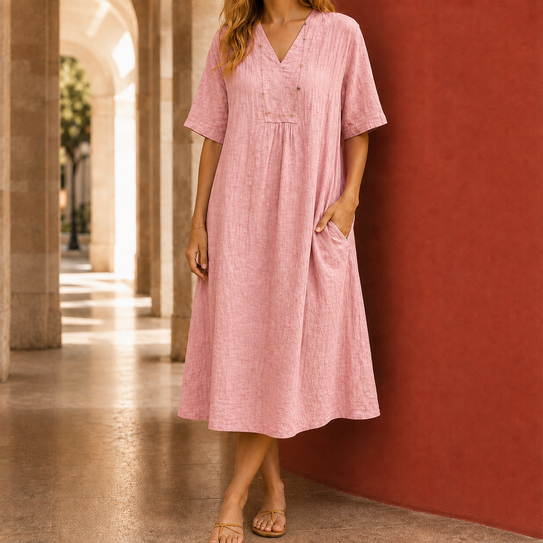 Lucille Relaxed Midi Dress - Pink