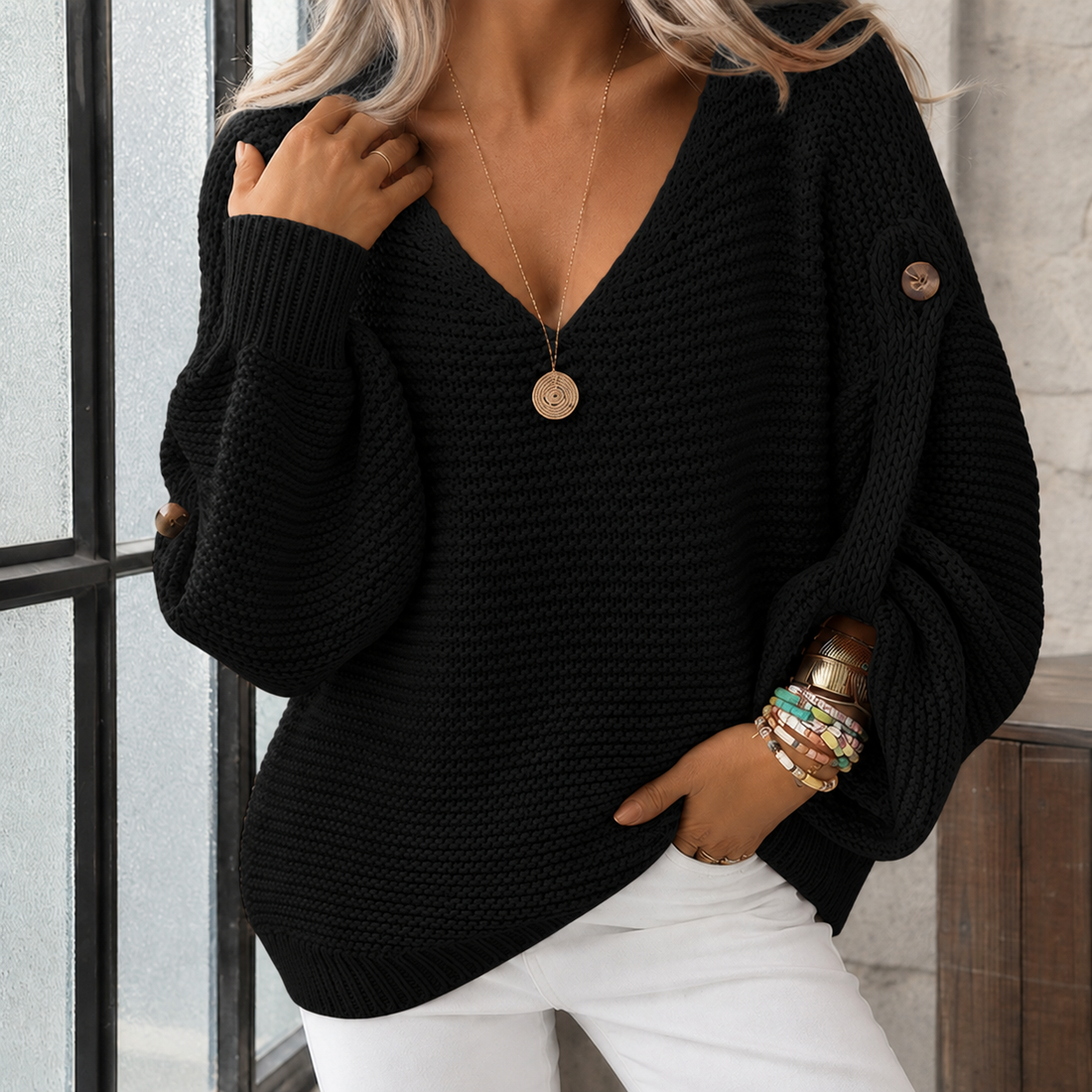 Charlize V Neck Sweater - Black