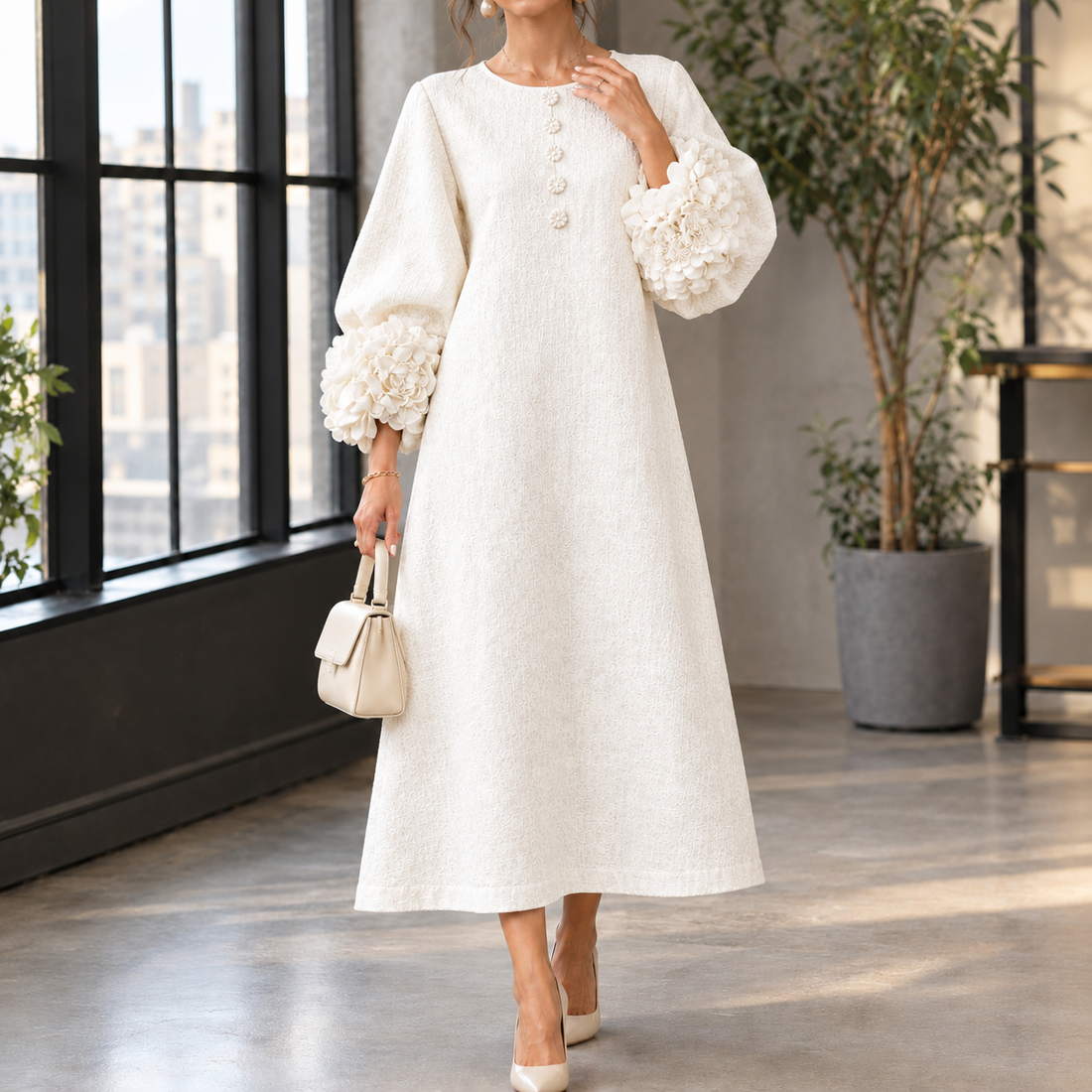 Estella-Eve Floral Cuff Dress - White