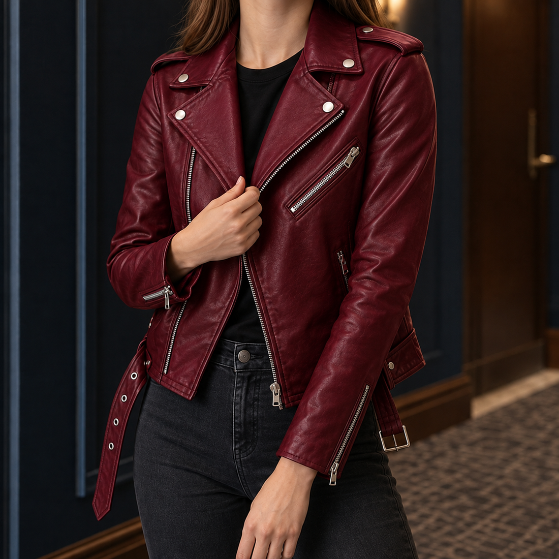 Rebekah Biker Jacket - Wine Red