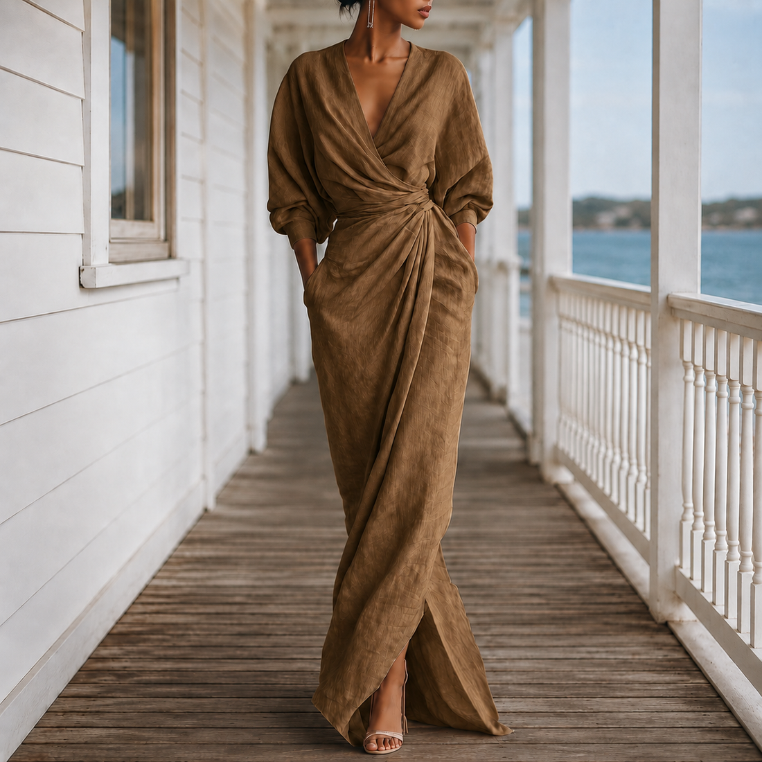 Hallie Draped Maxi Dress - Brown