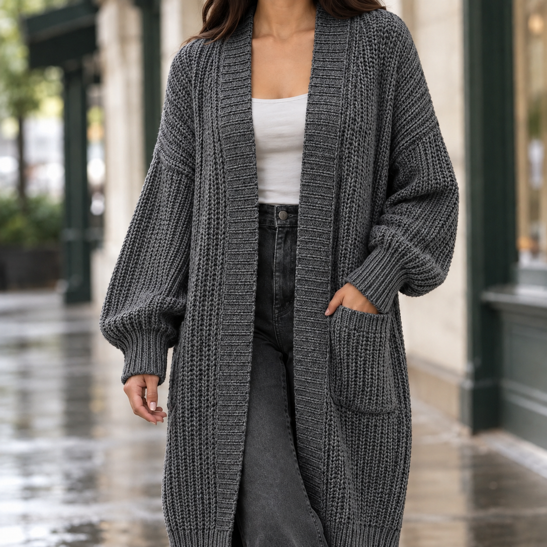 Estelle-Belle Chunky Knit Cardigan - Dark Gray