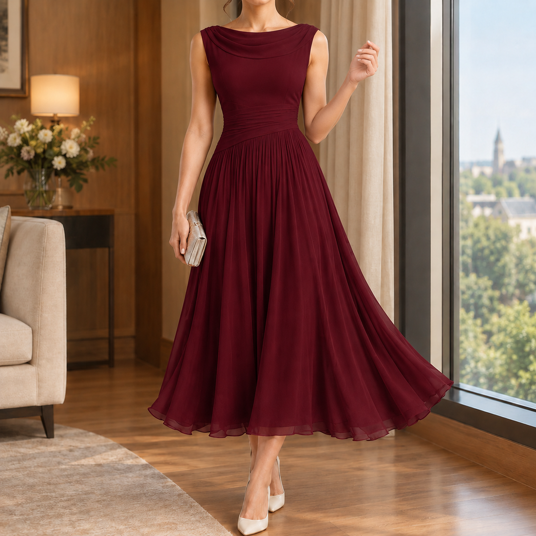 Calla-Grace Draped Midi Dress - Red