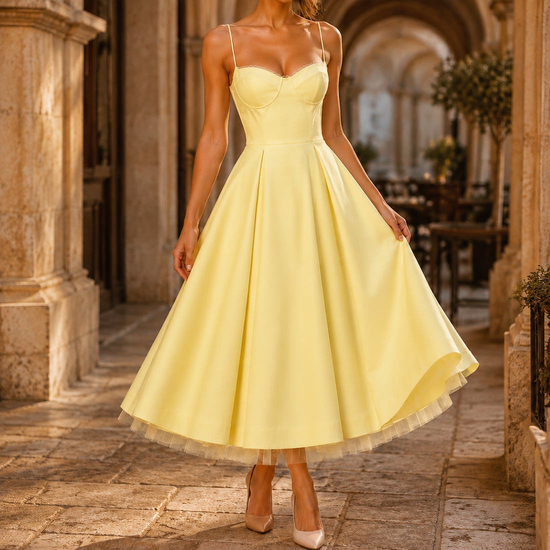 Tamsin-Skye Corset Midi Dress - Yellow