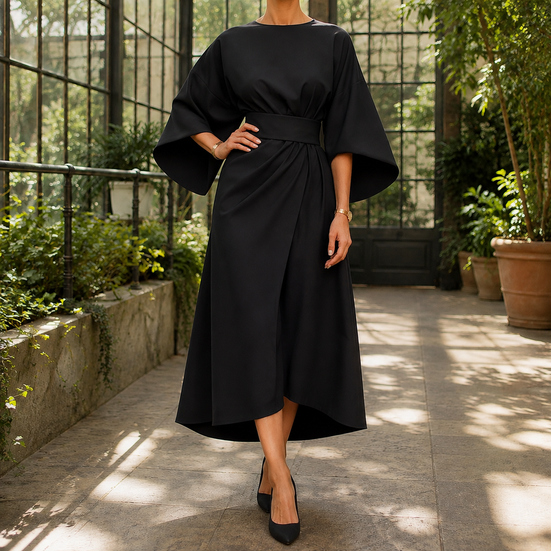 Astrid-Hope Belted Midi Dress - Black