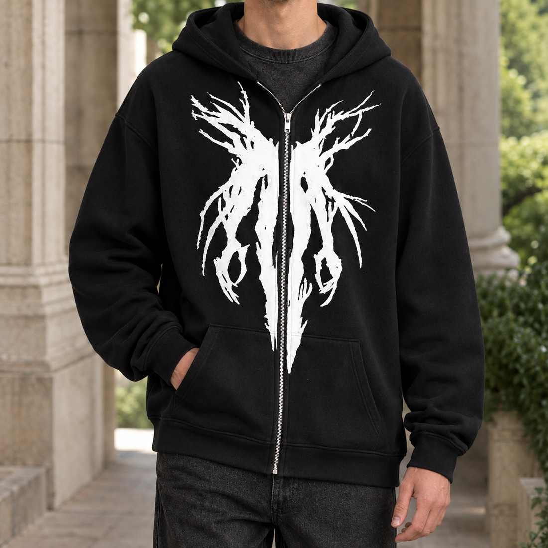 Nathanael Graphic Zip Hoodie - Black