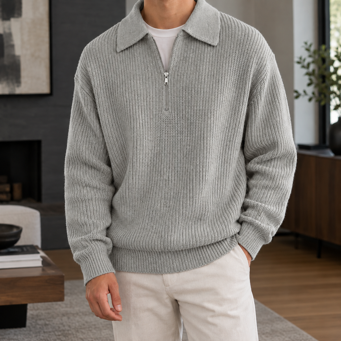 Evan-Hayes Half Zip Sweater - Light Gray