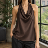 Marlene-Kate Draped Halter Top - Chocolate