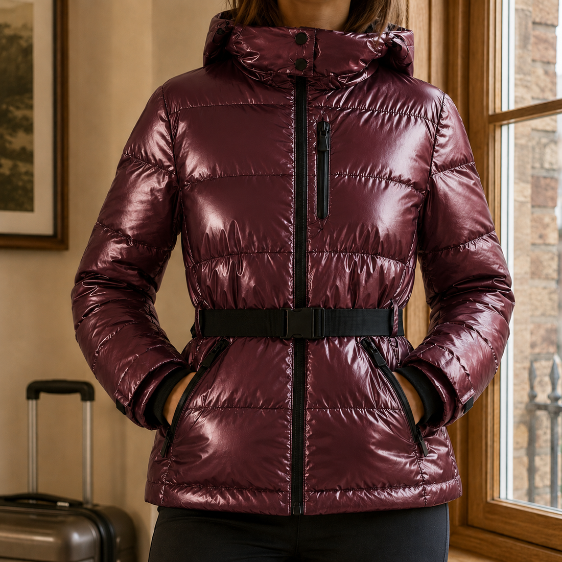 Georgina-Marie Belted Puffer Jacket - Burgundy
