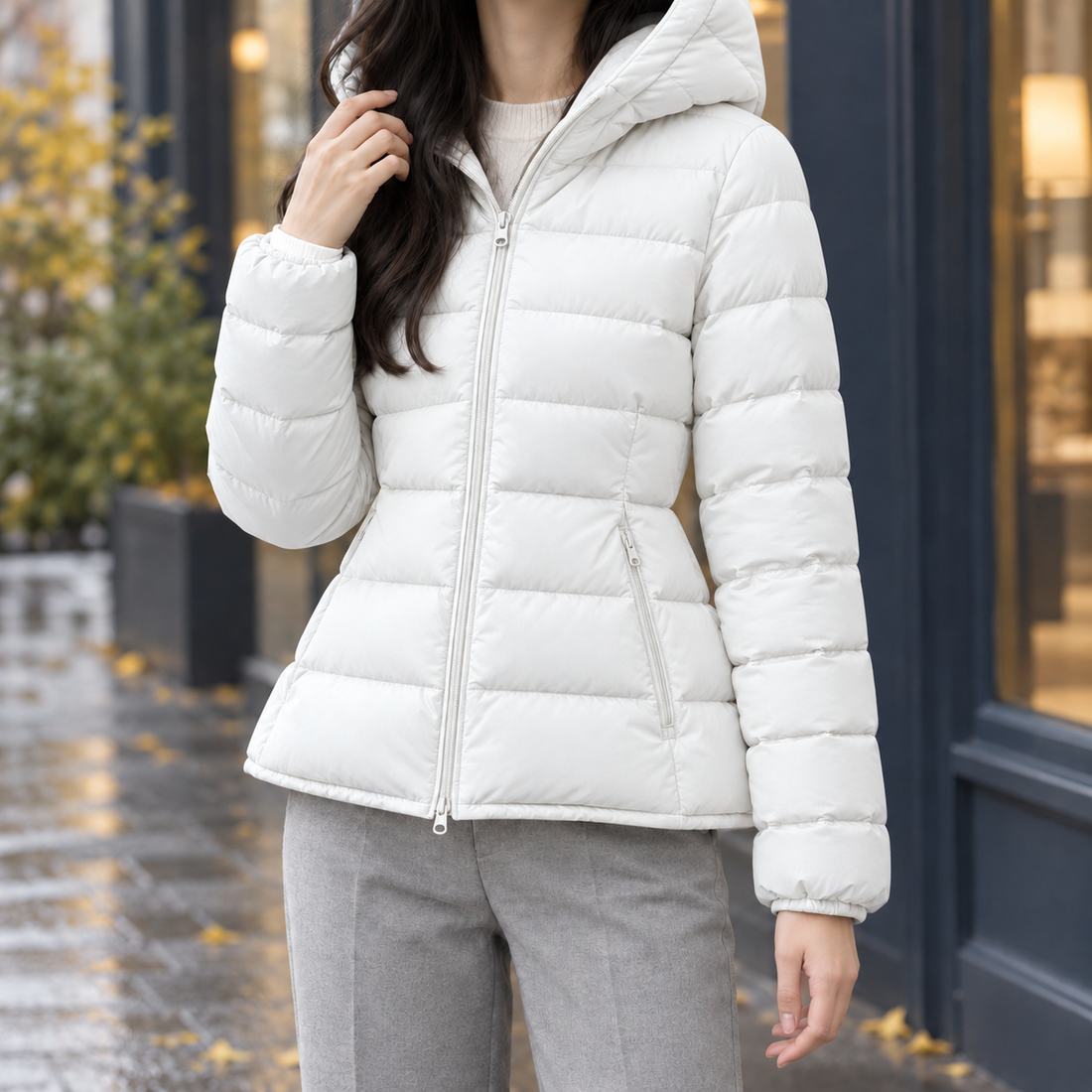 Carina-Pearl Cinched Puffer Jacket - Moonlight White