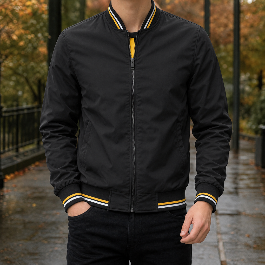 Armand-James Ribbed Bomber Jacket - Black