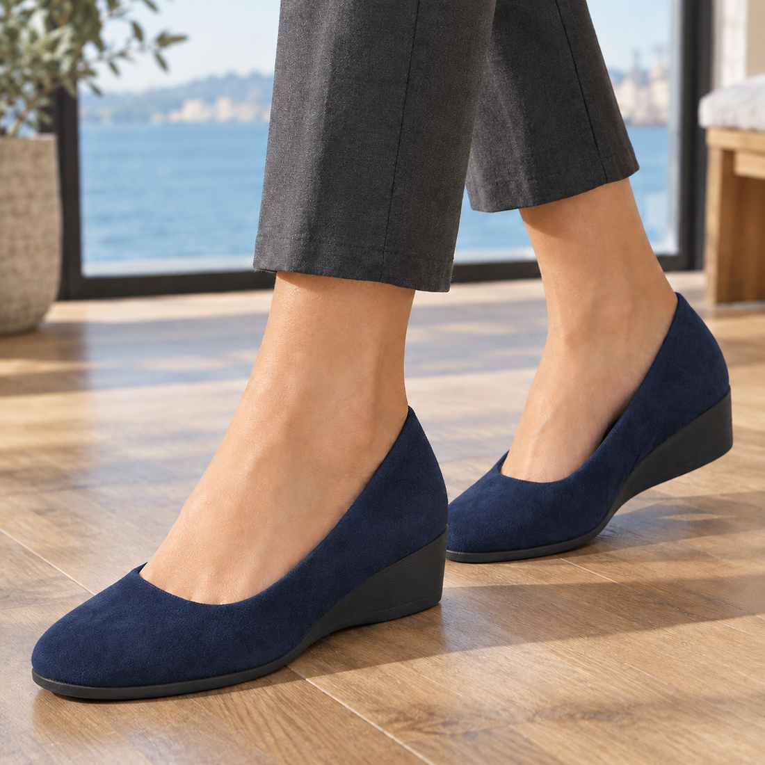 Magenta Suede Wedge Pumps - Navy Blue