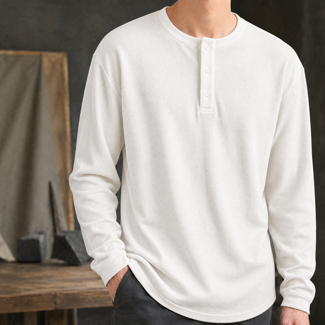 Alex Waffle Henley - White