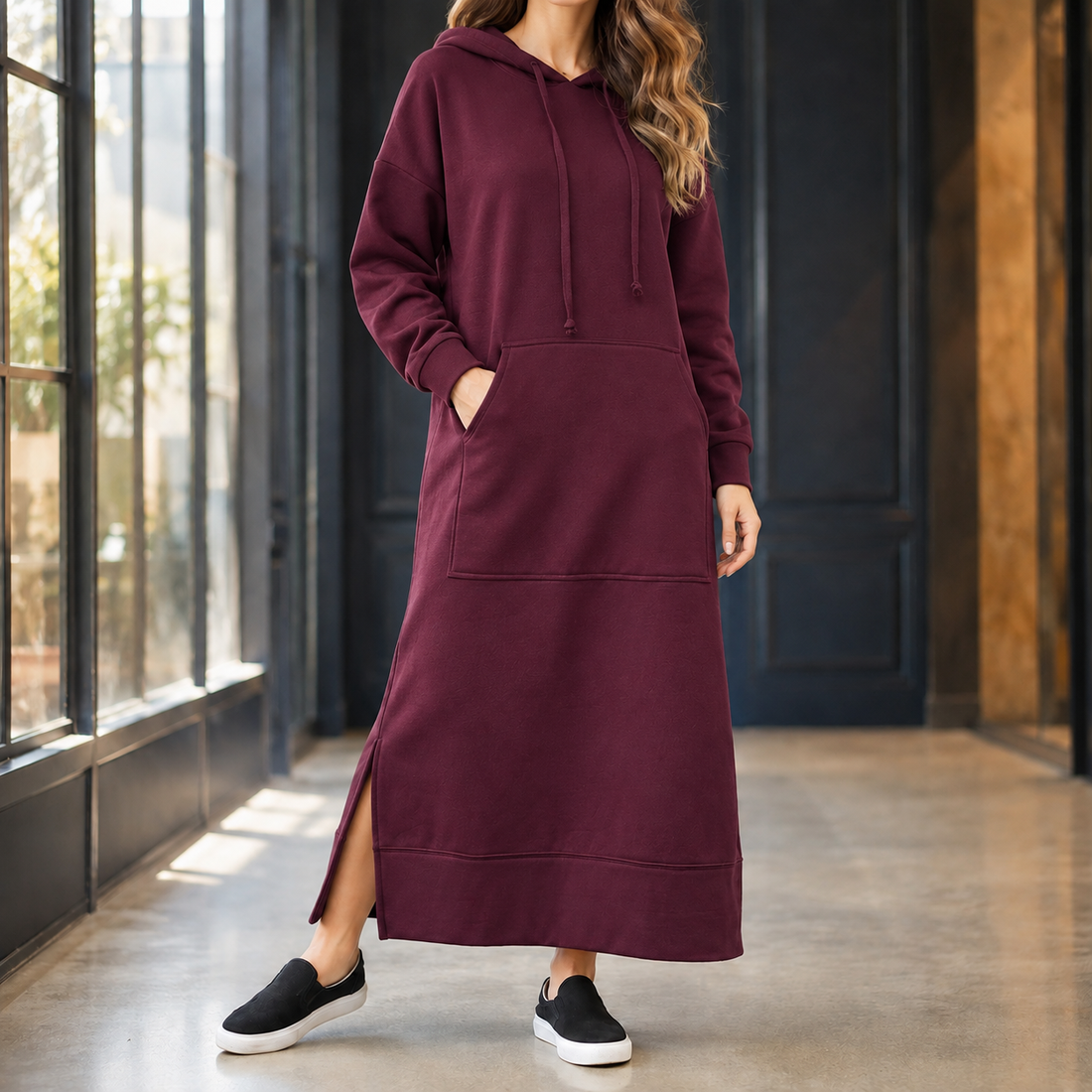 Briony Hooded Maxi Dress - Wine Red