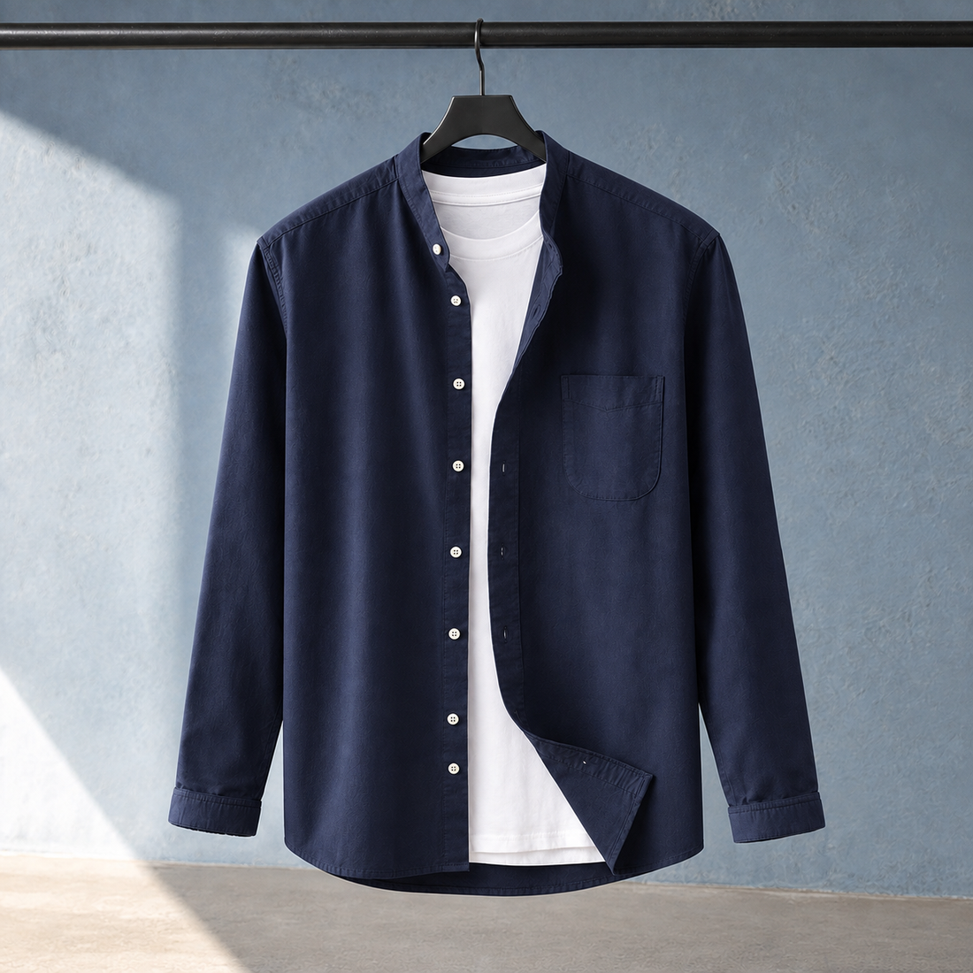 Archambault-Grey Stand Collar Shirt - Navy