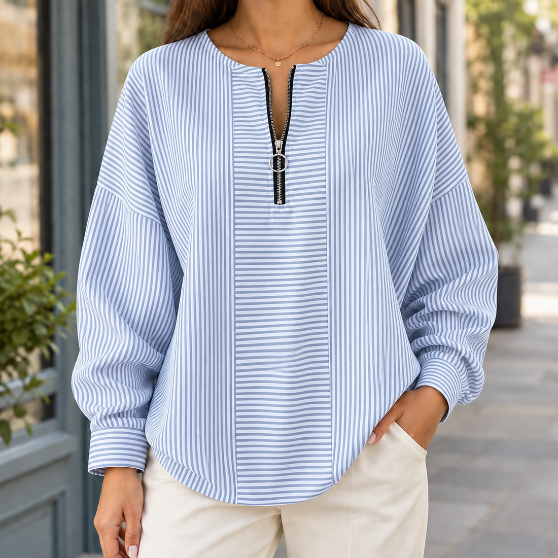 Fenella-Sage Zip Neck Top - Blue